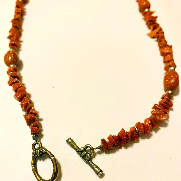 Handcrafted Orange Goldstone Chip & Oval Beaded Necklace Heart Drop Toggle Clasp - Picture 3 of 3